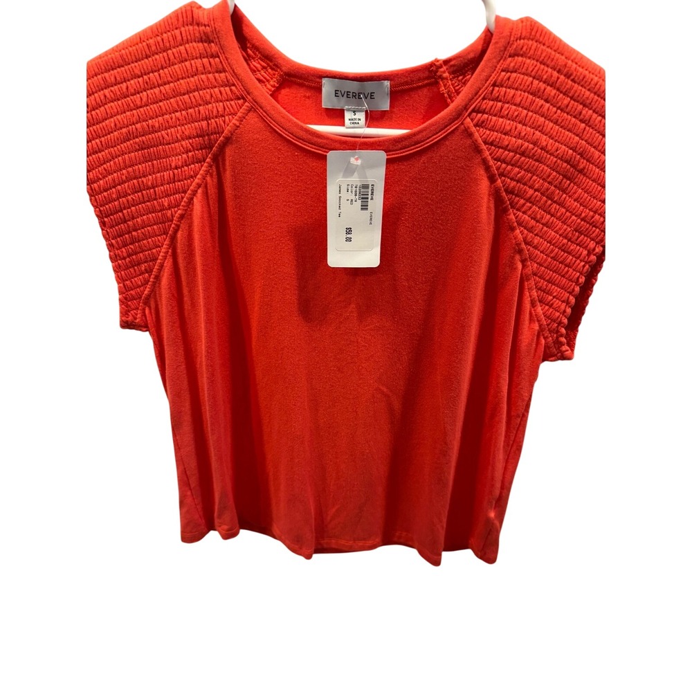 Evereve James Smocked Tee Red Short Sleeve Shoulder Texture Top Small NWT